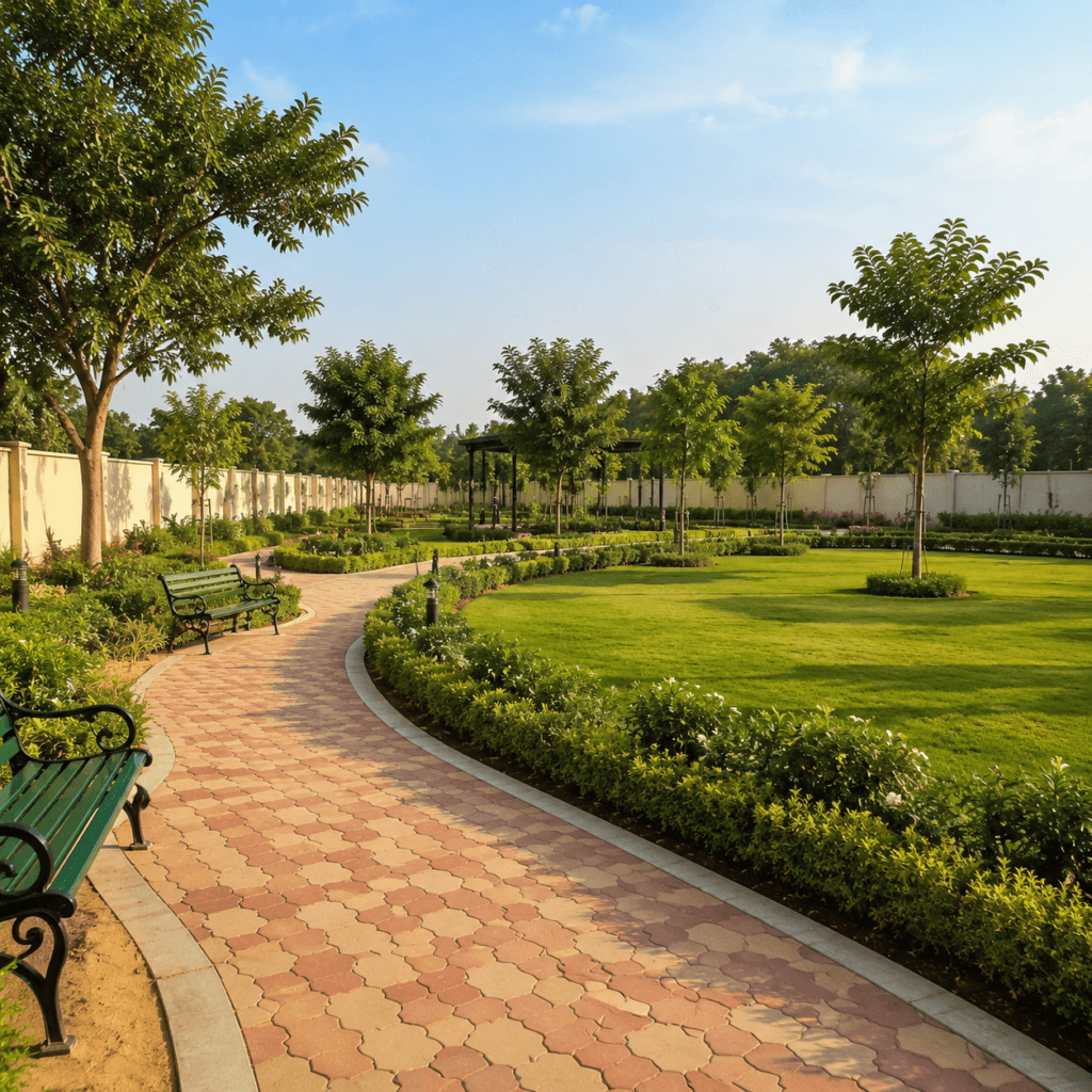 Landscaped park inside Rathi's Greenland plotted community